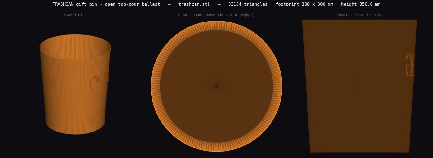Three-view render of the weighted bin with a sample name on the side, from the build file